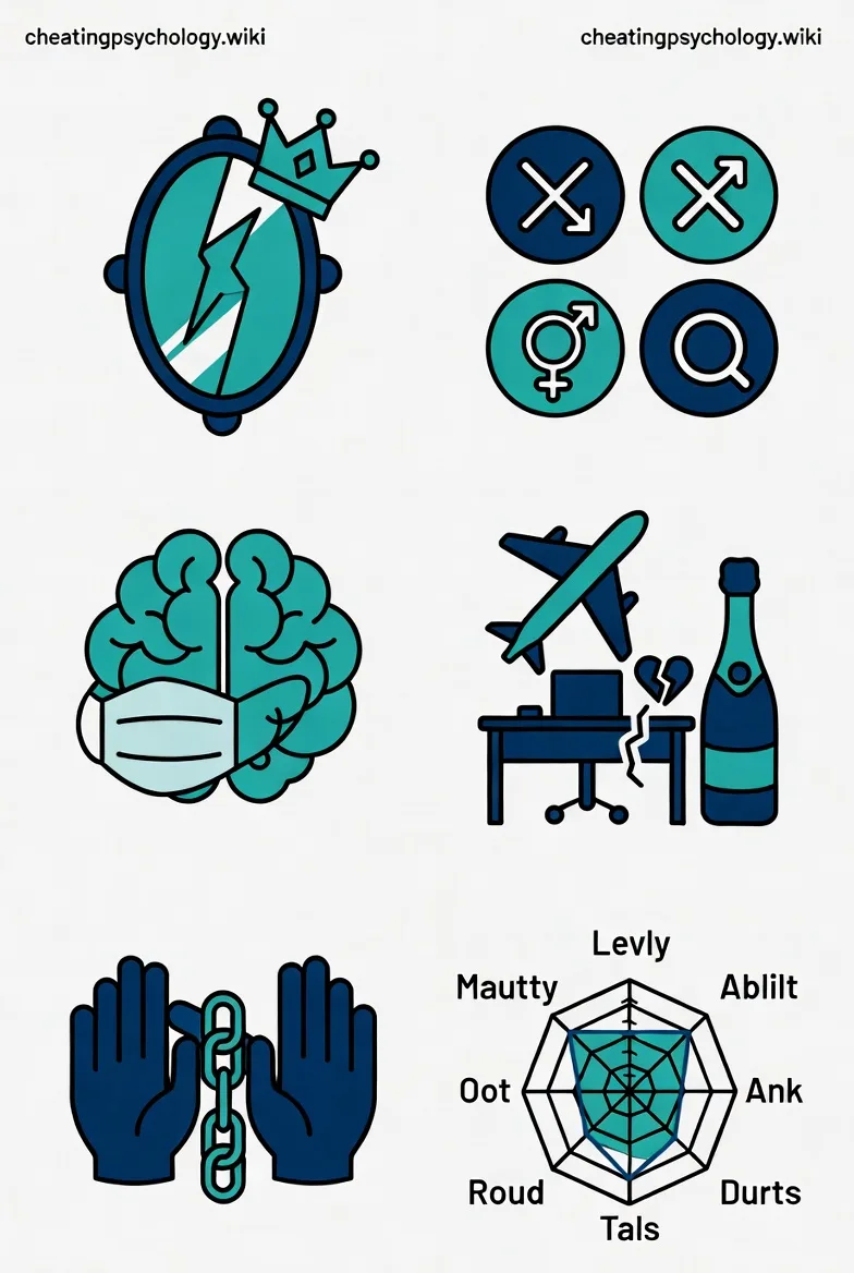 Psychology research icons — narcissism, gender dynamics, betrayal, attachment